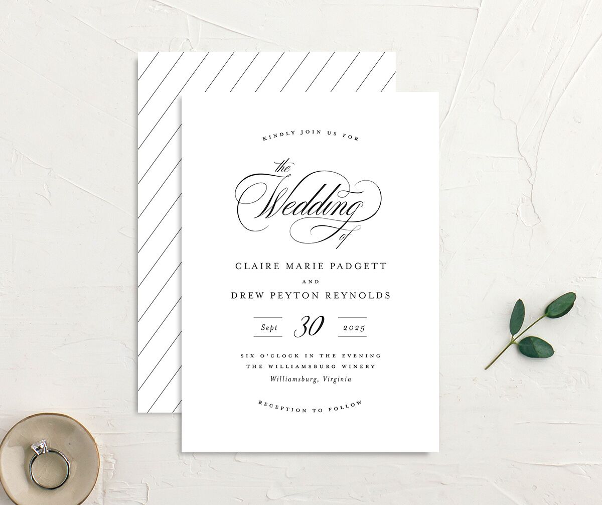 Elegant Cursive Wedding Invitations front-and-back in Midnight