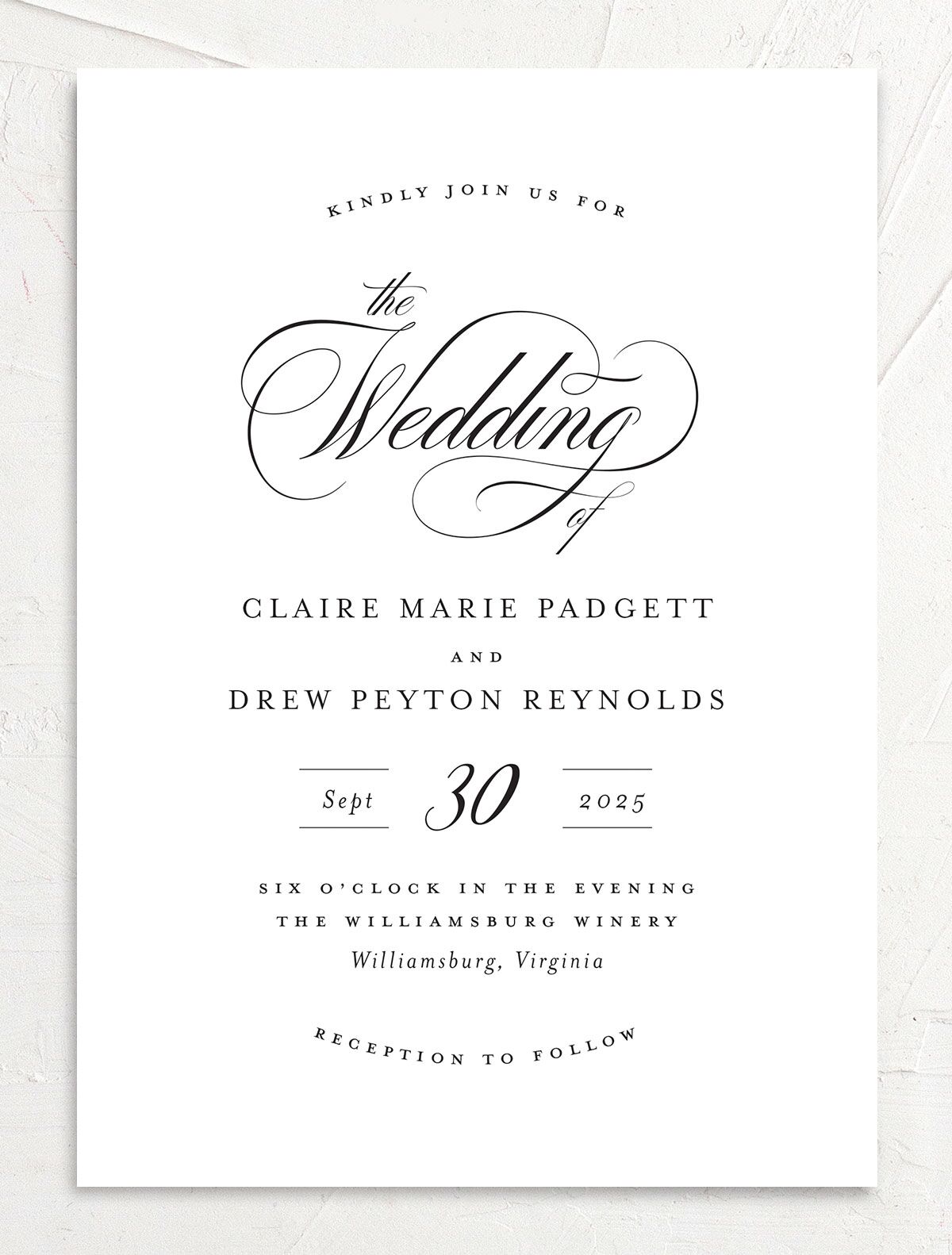 Elegant Cursive Wedding Invitations front in Midnight