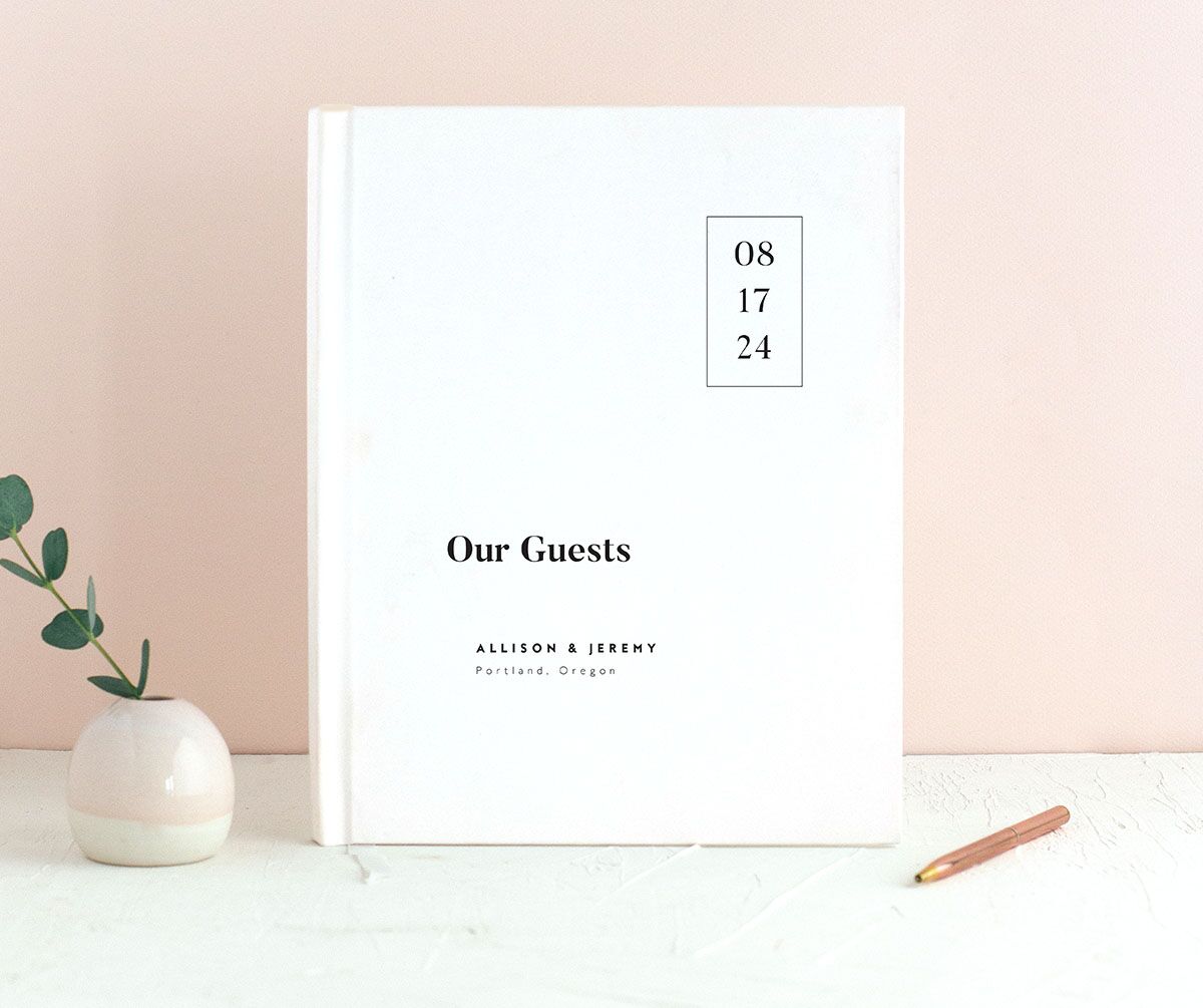 Modern Bold Wedding Guest Book front in Pure White