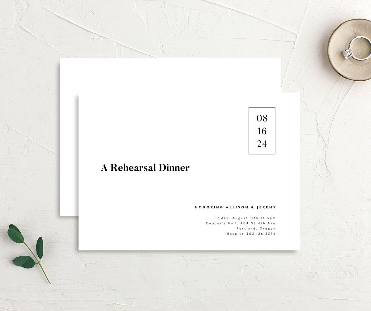 Modern Bold Rehearsal Dinner Invitations front-and-back in Pure White