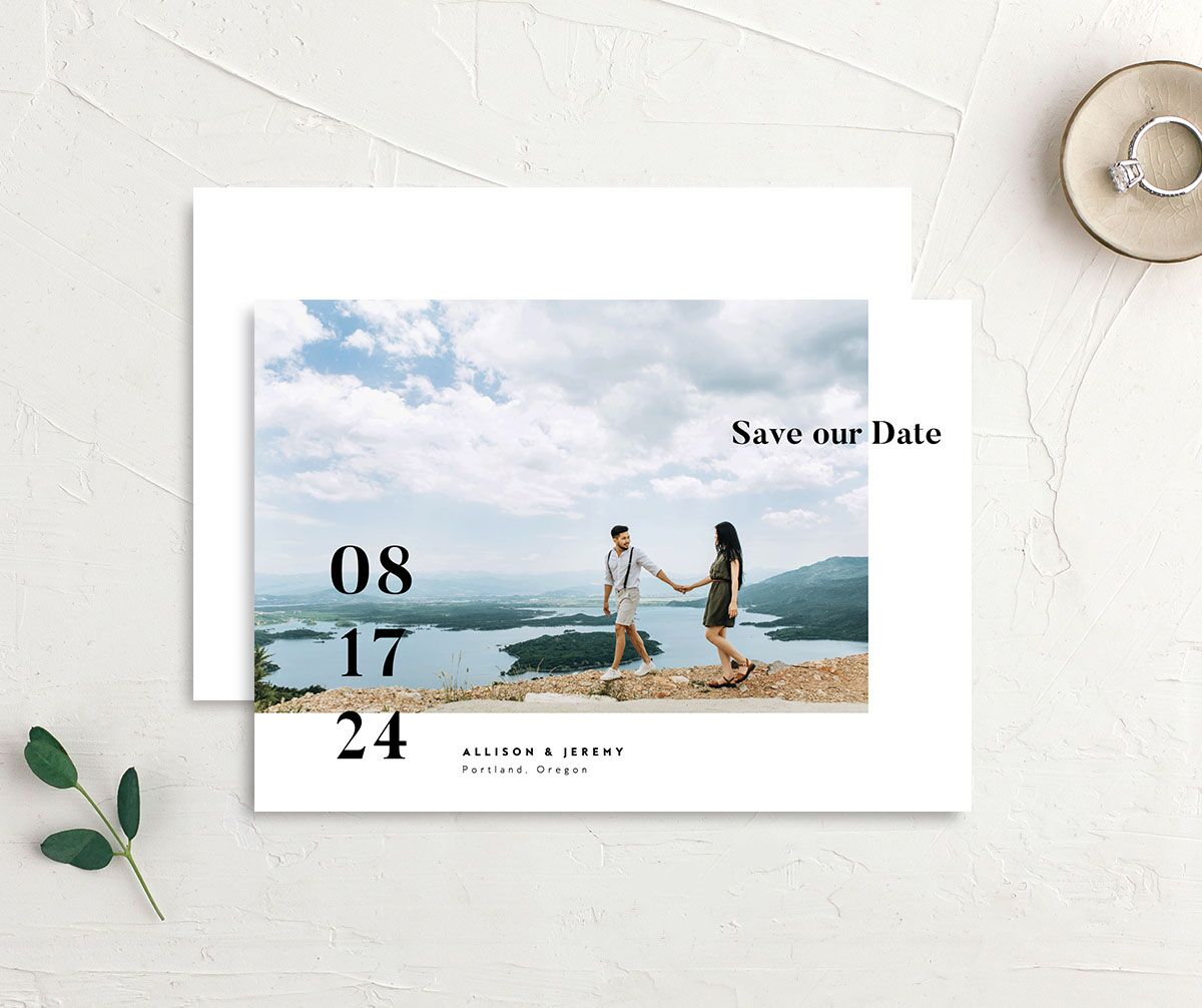 Modern Bold Save the Date Cards front-and-back in Pure White
