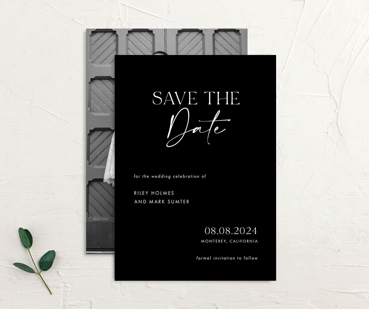 Timeless Bold Save the Date Cards front-and-back in Midnight