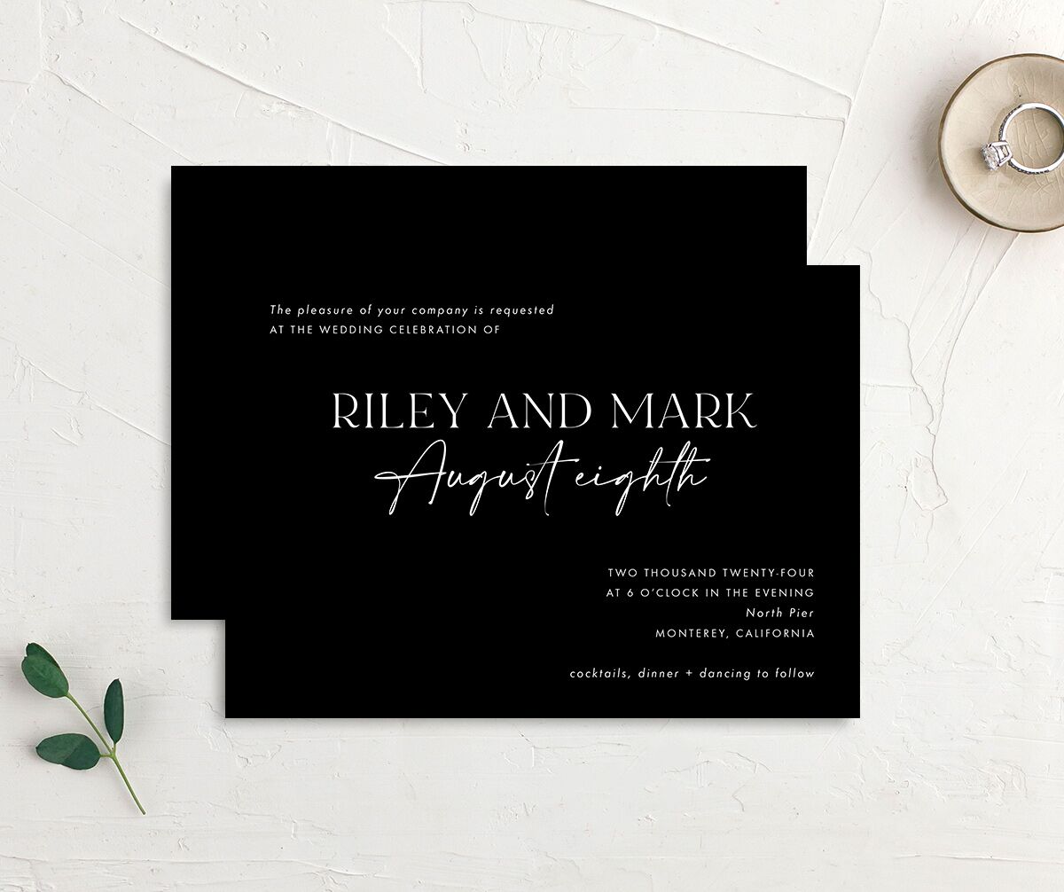 Timeless Bold Wedding Invitations front-and-back in Midnight