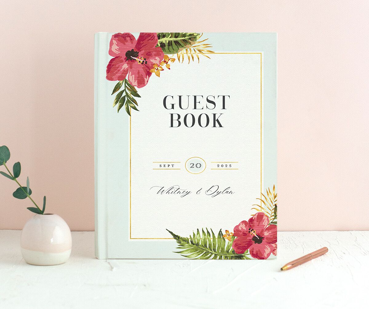 Tropical Bloom Wedding Guest Book front in Turquoise