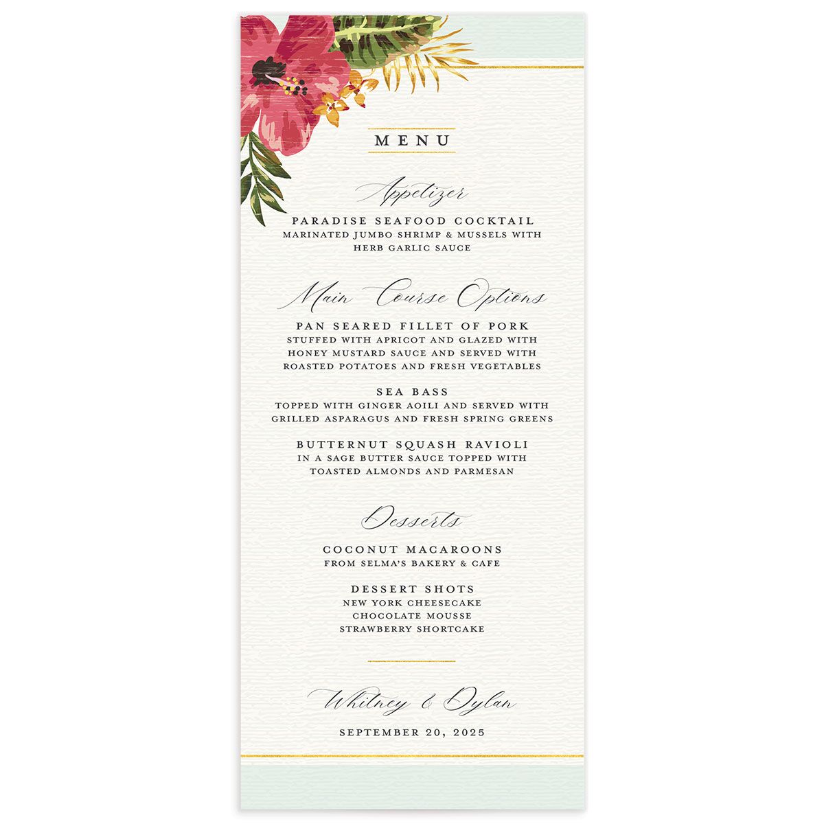 Tropical Bloom Menus front in Turquoise