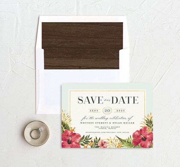 Tropical Bloom Save the Date Cards envelope-and-liner in Turquoise