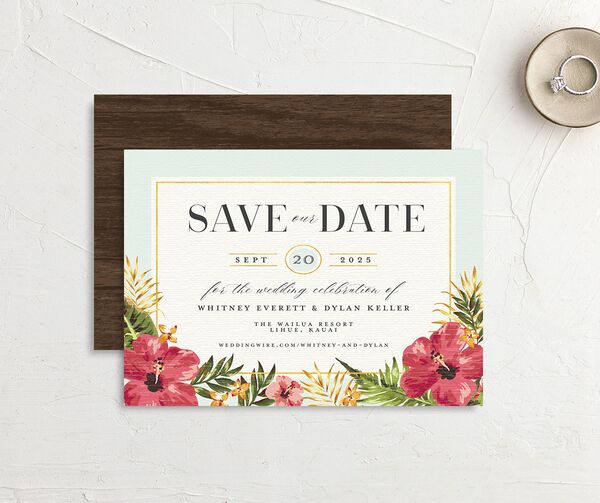 Tropical Bloom Save the Date Cards front-and-back in Turquoise