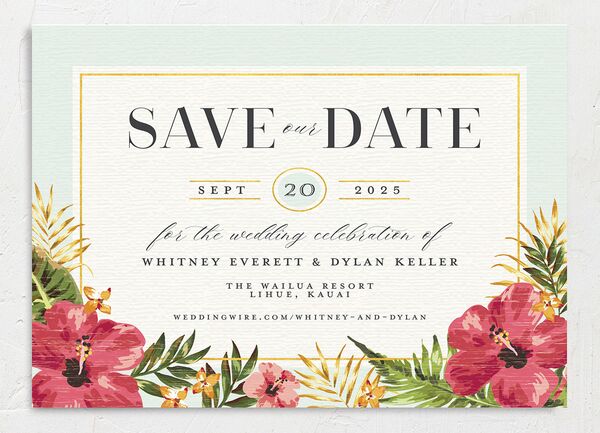 Tropical Bloom Save the Date Cards front in Turquoise