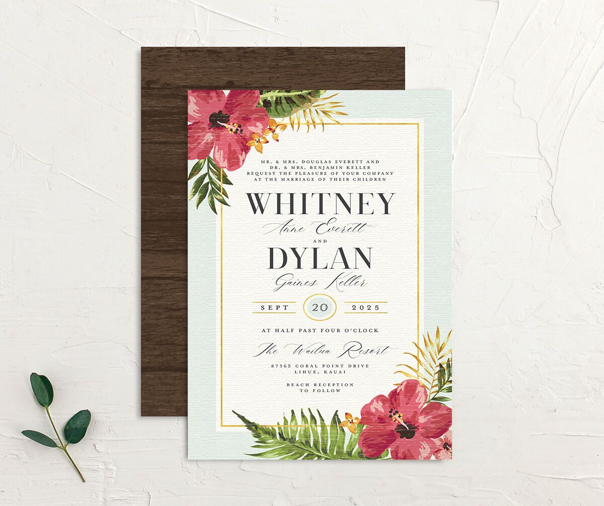 Tropical Bloom Wedding Invitations front-and-back in Turquoise