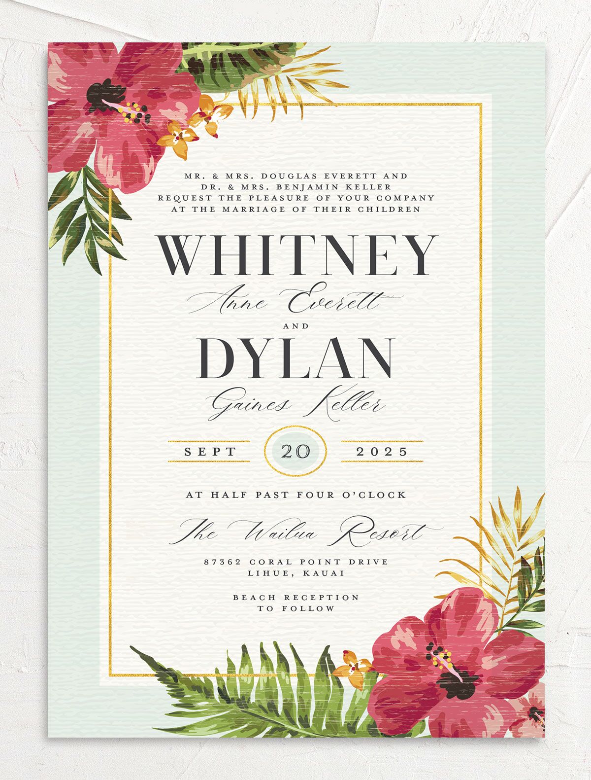 Tropical Bloom Wedding Invitations front in Turquoise