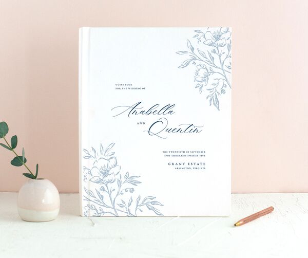 Delicate Blooms Wedding Guest Book front in French Blue