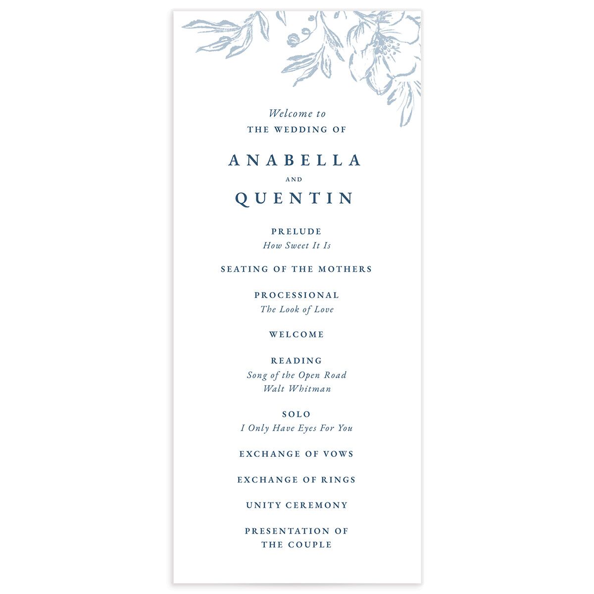 Delicate Blooms Wedding Programs front in French Blue