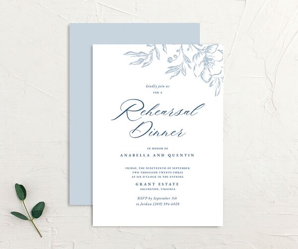 Delicate Blooms Rehearsal Dinner Invitations front-and-back in French Blue