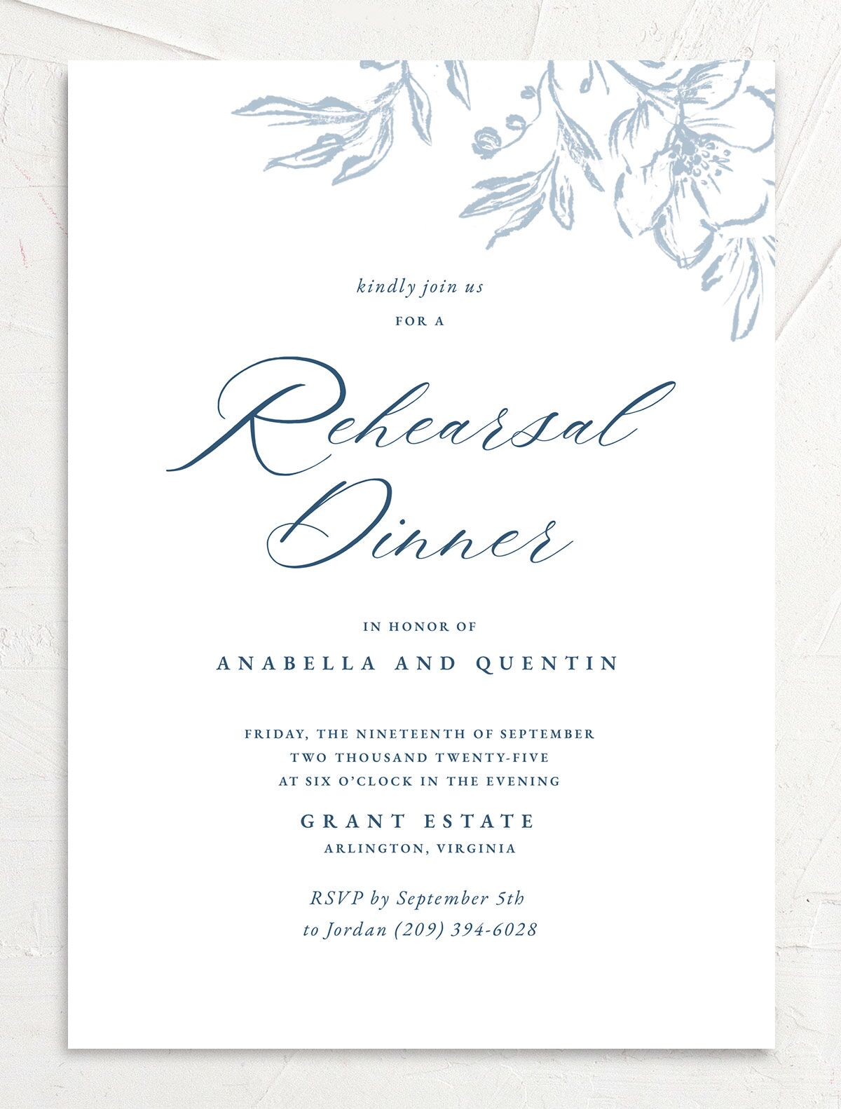 Delicate Blooms Rehearsal Dinner Invitations front in French Blue
