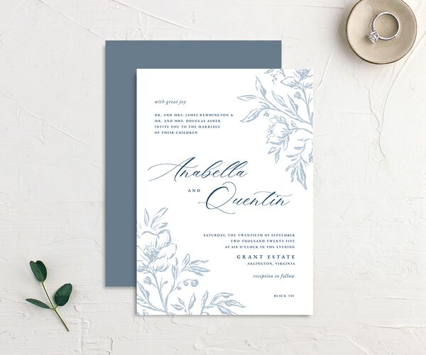 Delicate Blooms Wedding Invitations front-and-back in French Blue