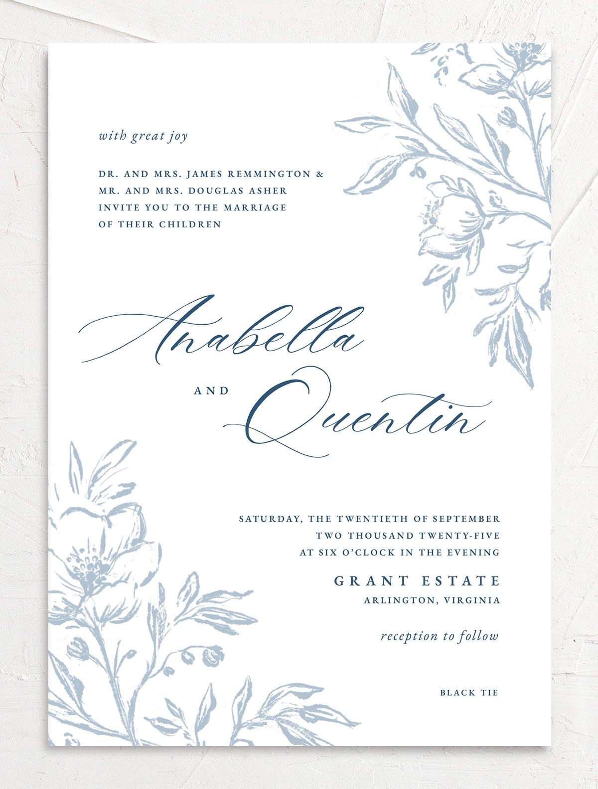 Delicate Blooms Wedding Invitations front in French Blue