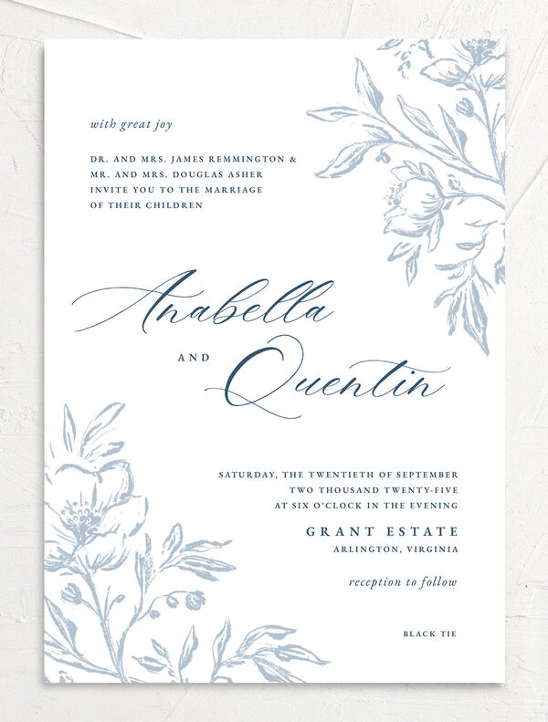 Delicate Blooms Wedding Invitations front in French Blue
