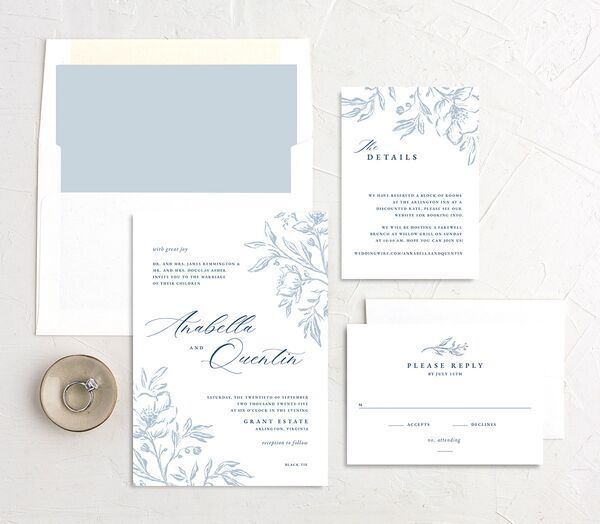 Delicate Blooms Wedding Invitations suite in French Blue
