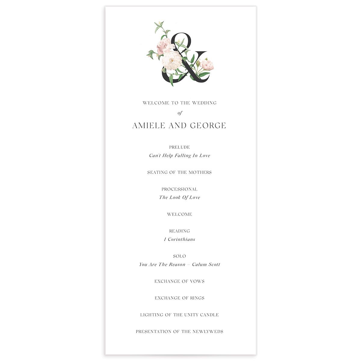Botanical Ampersand Wedding Programs front in Pure White