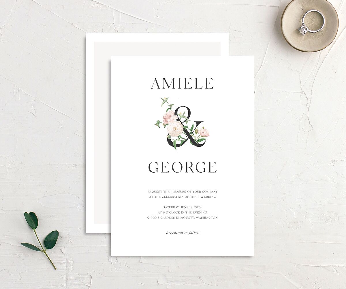 Botanical Ampersand Wedding Invitations front-and-back in Pure White