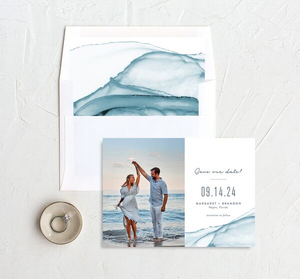 Contemporary Tide Save the Date Cards envelope-and-liner in French Blue