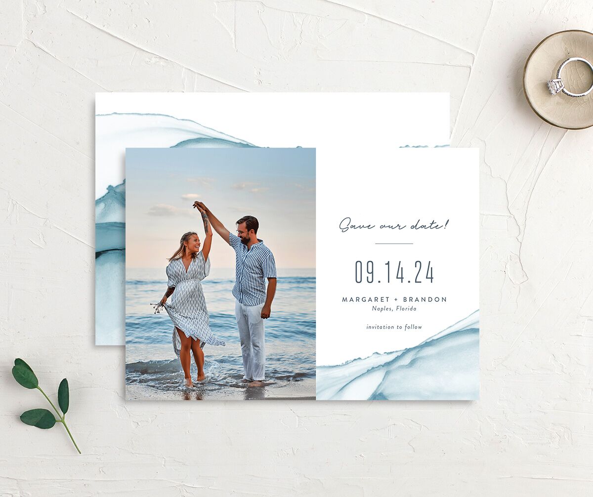 Contemporary Tide Save the Date Cards front-and-back in French Blue