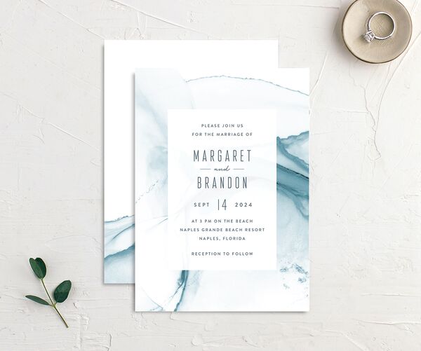 Contemporary Tide Wedding Invitations front-and-back in French Blue