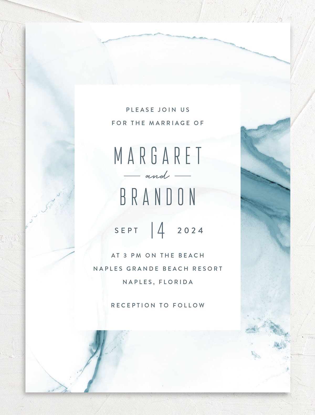 Contemporary Tide Wedding Invitations front in French Blue