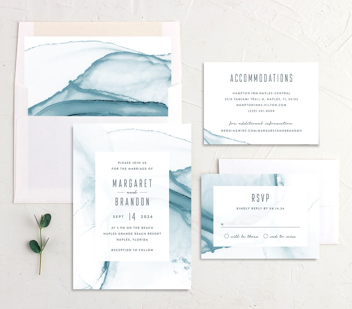 Contemporary Tide Wedding Invitations suite in French Blue