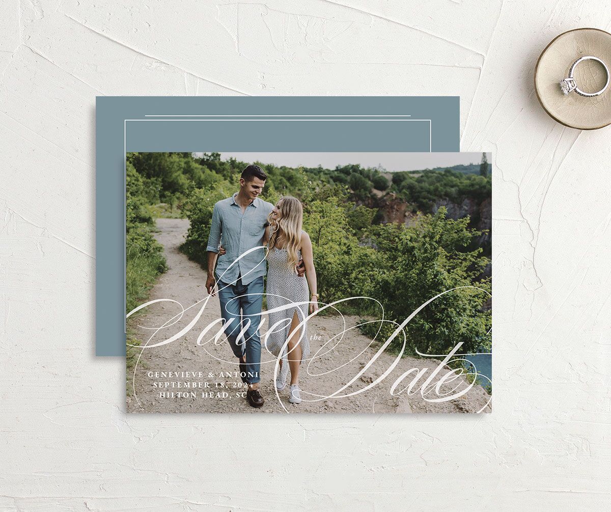 Refined Photograph Save the Date Cards front-and-back in Pure White