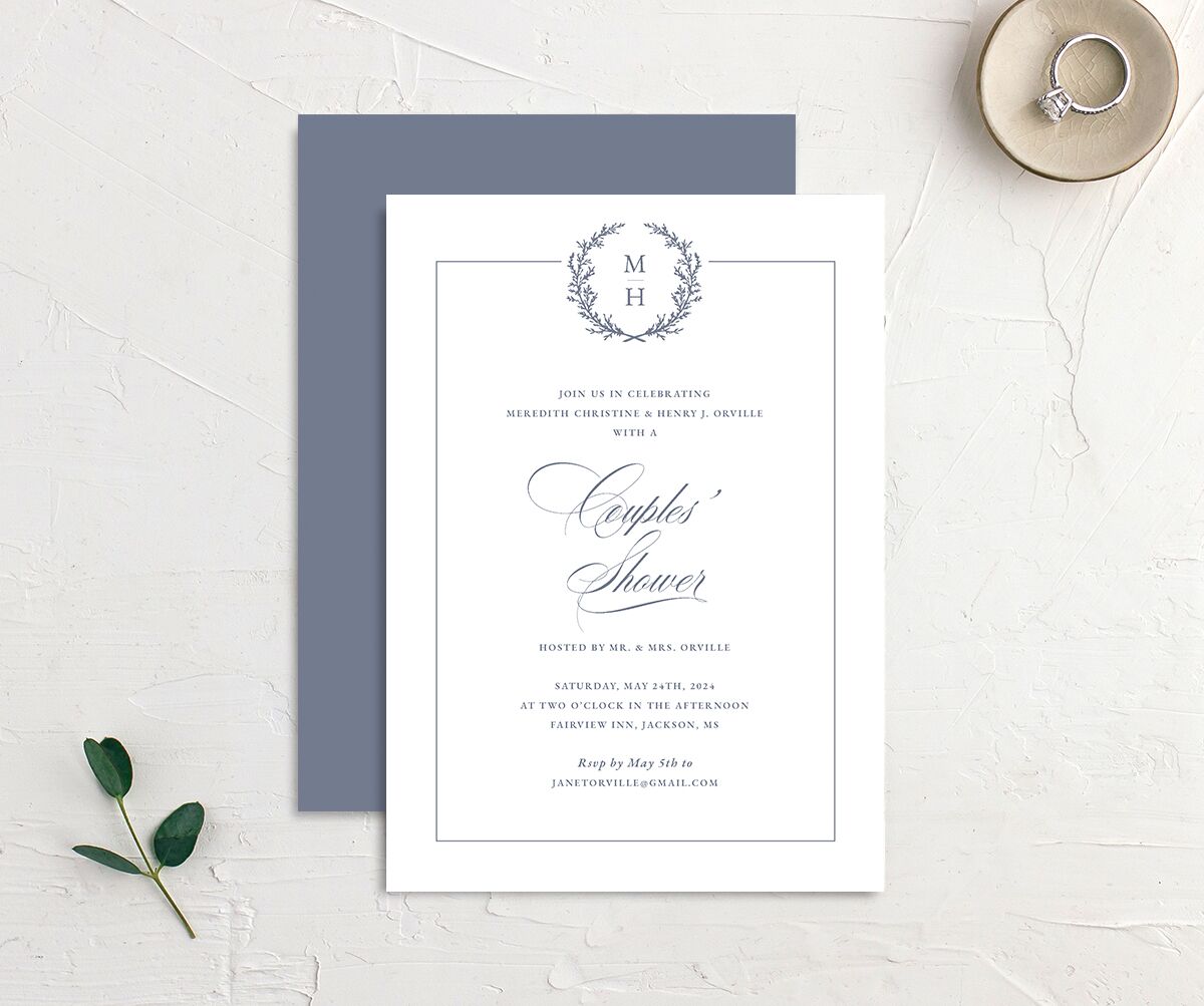Classic Garland Bridal Shower Invitations front-and-back in French Blue