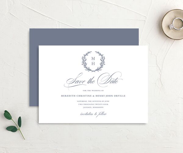 Classic Garland Save the Date Cards front-and-back in French Blue
