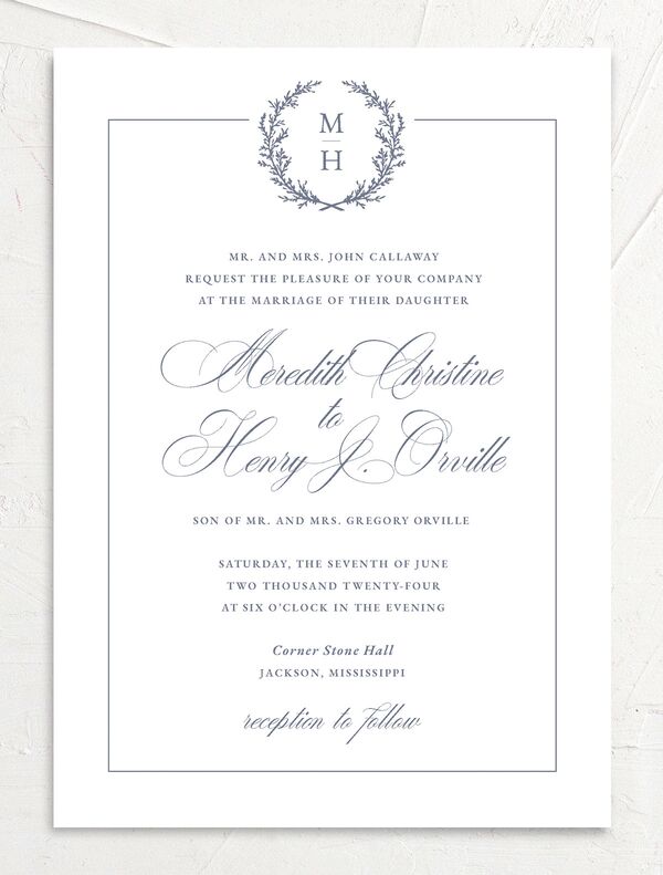 Classic Garland Wedding Invitations front in Blue