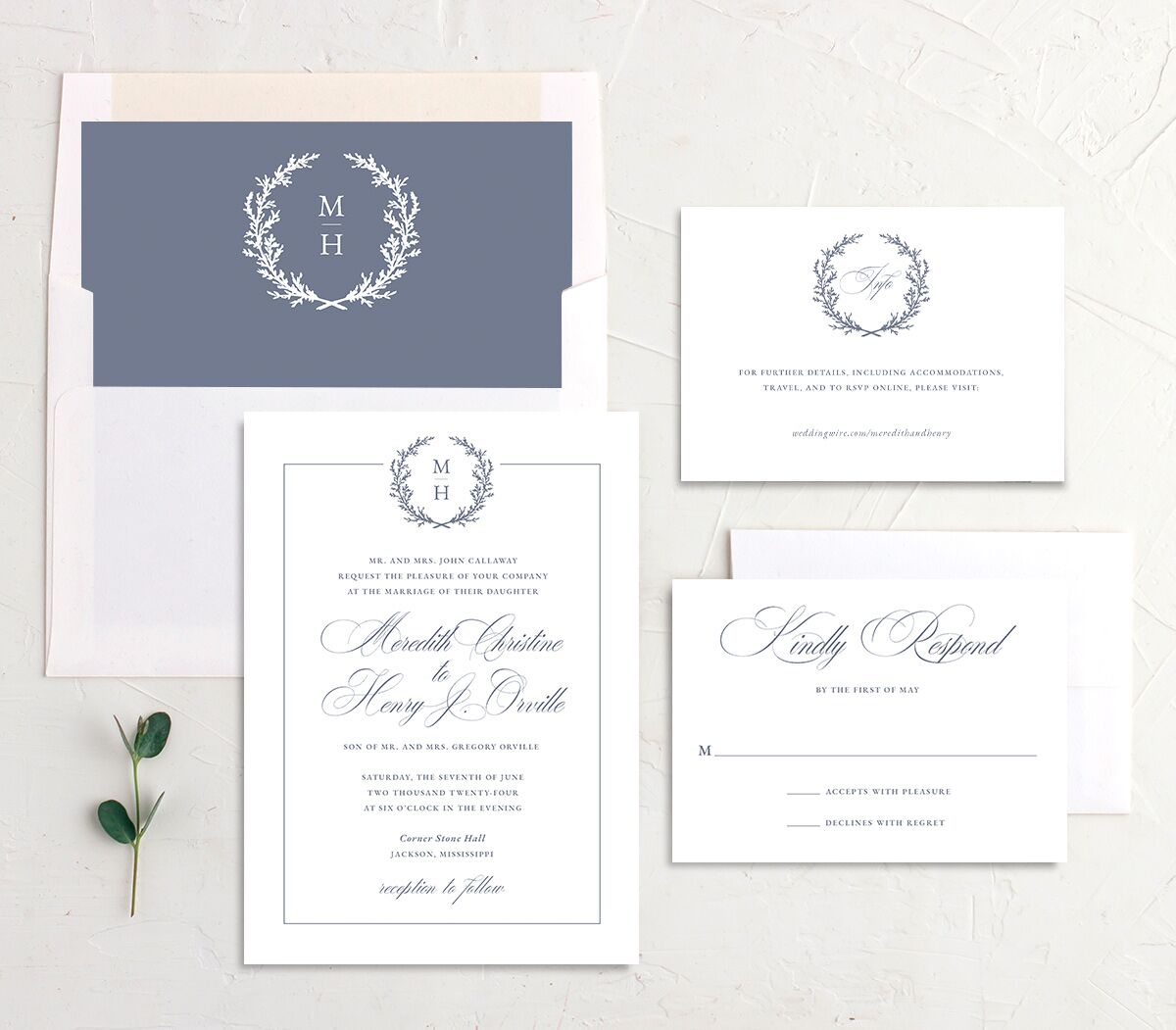 Classic Garland Wedding Invitations suite in French Blue