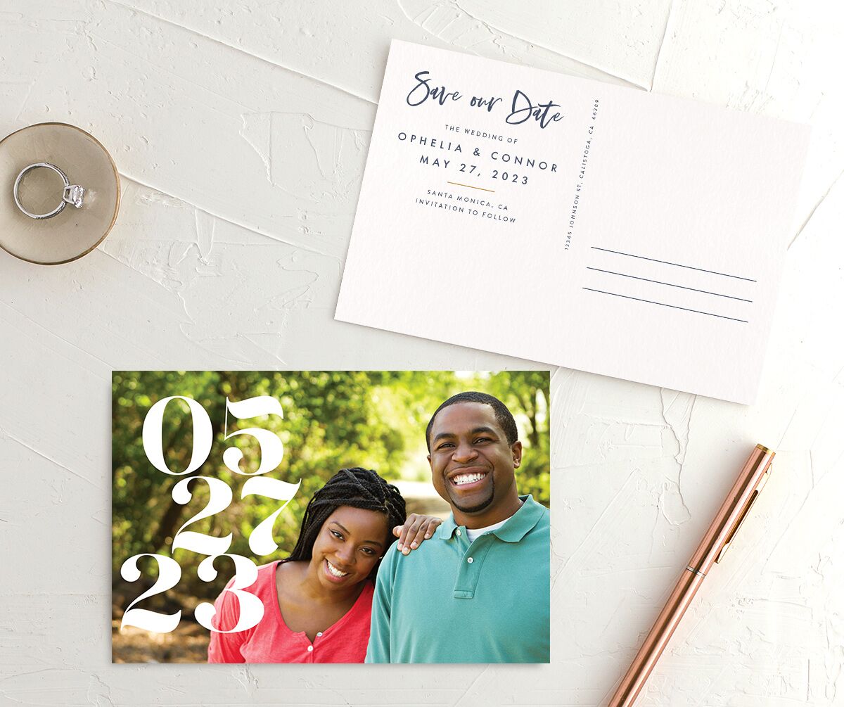 Opulent Marble Save the Date Postcards front-and-back in French Blue