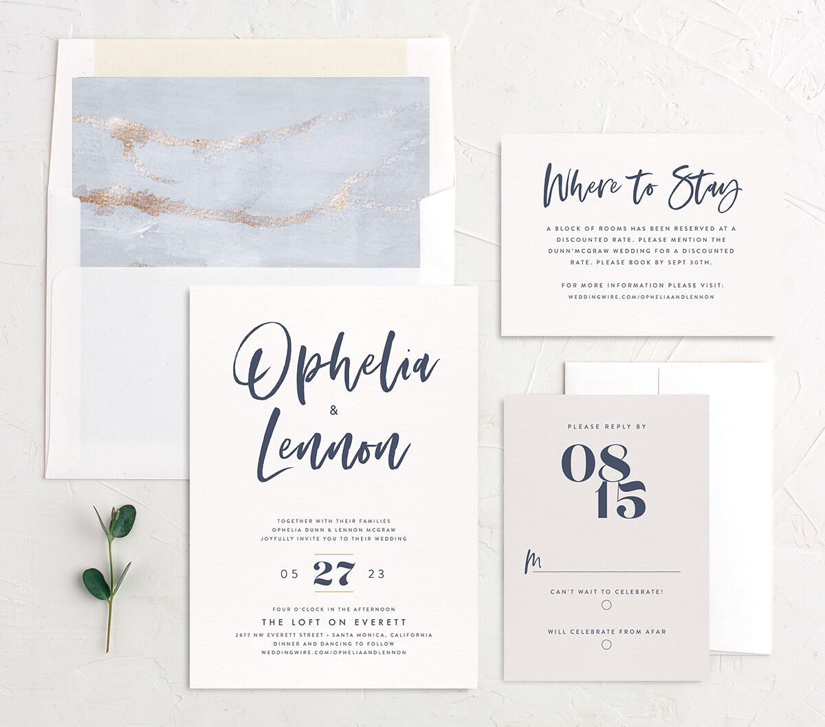 Opulent Marble Wedding Invitations suite in French Blue