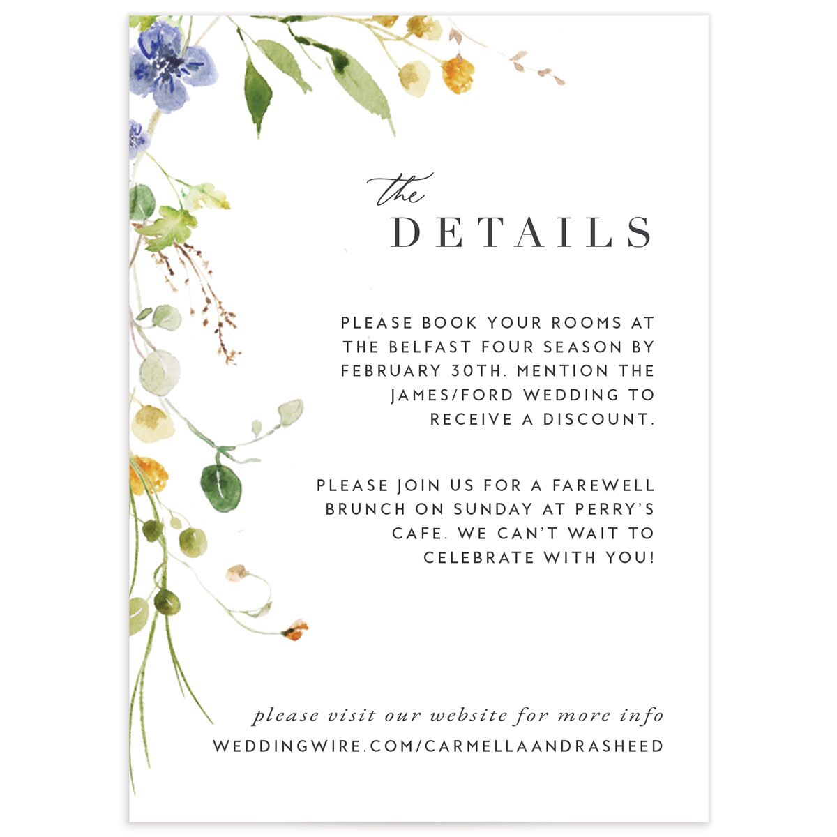 Winding Wildflower Wedding Enclosure Cards front in Pure White