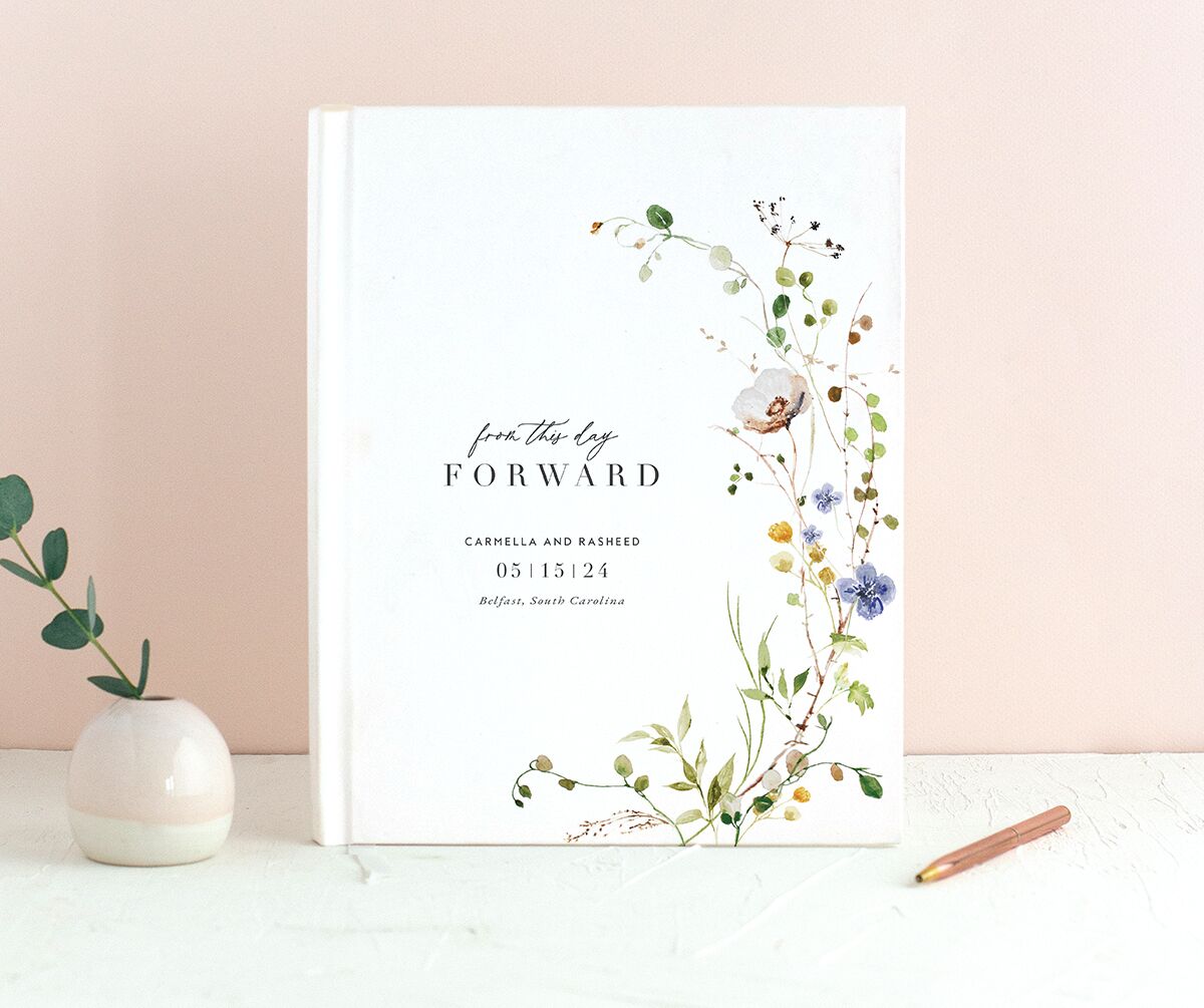 Winding Wildflower Wedding Guest Book front in Pure White