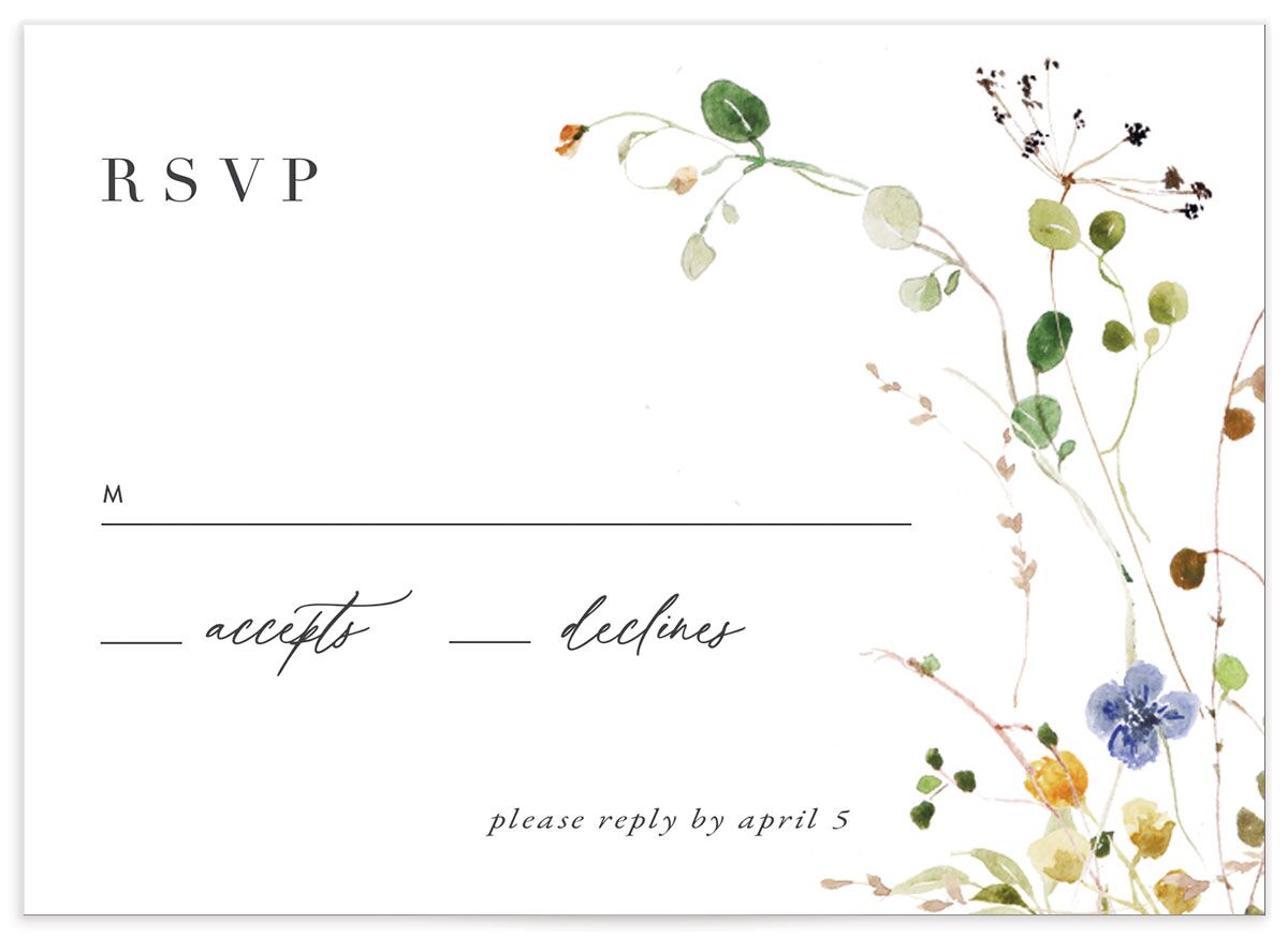 Winding Wildflower Wedding Response Cards front in Pure White