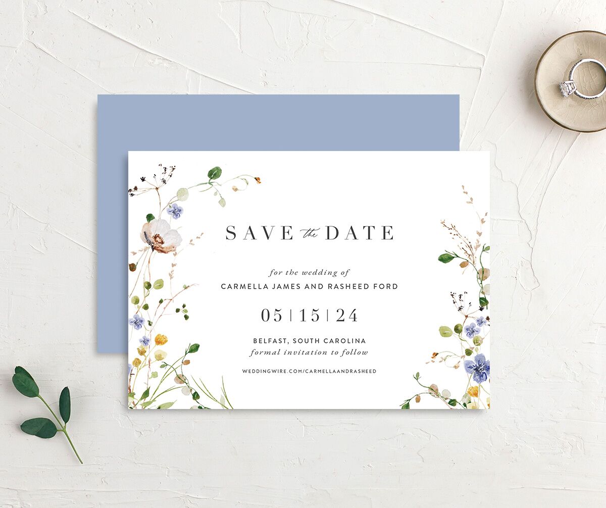 Winding Wildflower Save the Date Cards front-and-back in Pure White