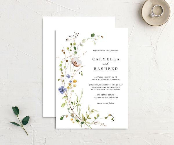 Winding Wildflower Wedding Invitations front-and-back in Pure White