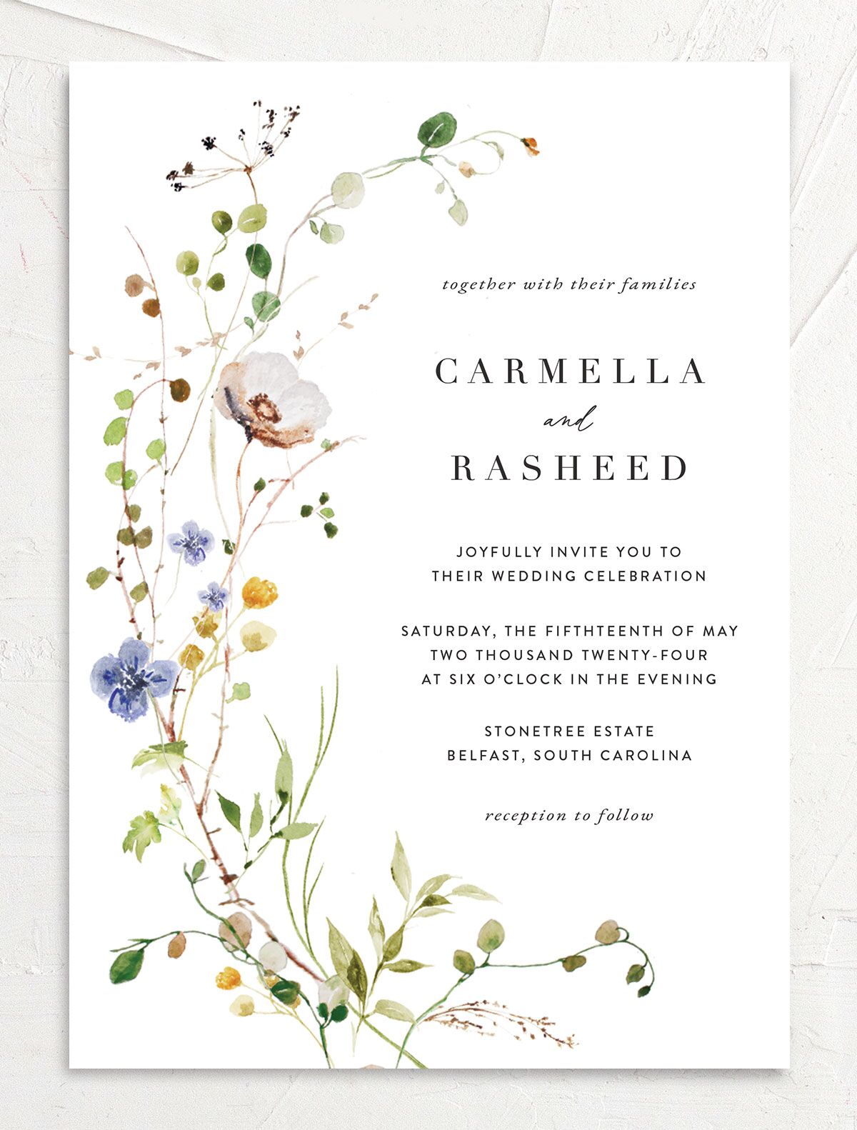 Winding Wildflower Wedding Invitations front in Pure White