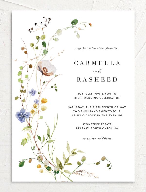 Winding Wildflower Wedding Invitations front in Pure White