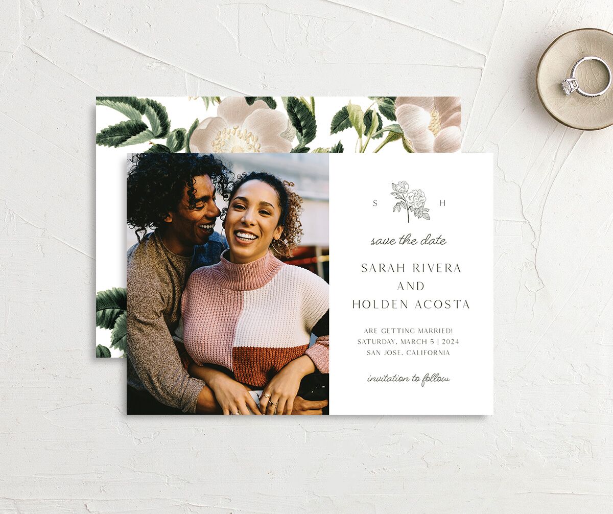Modern Boho Save the Date Cards front-and-back in Jewel Green
