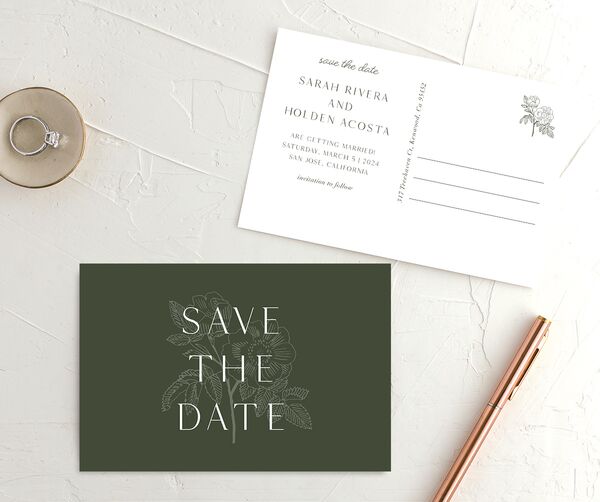 Modern Boho Save the Date Postcards front-and-back in Jewel Green