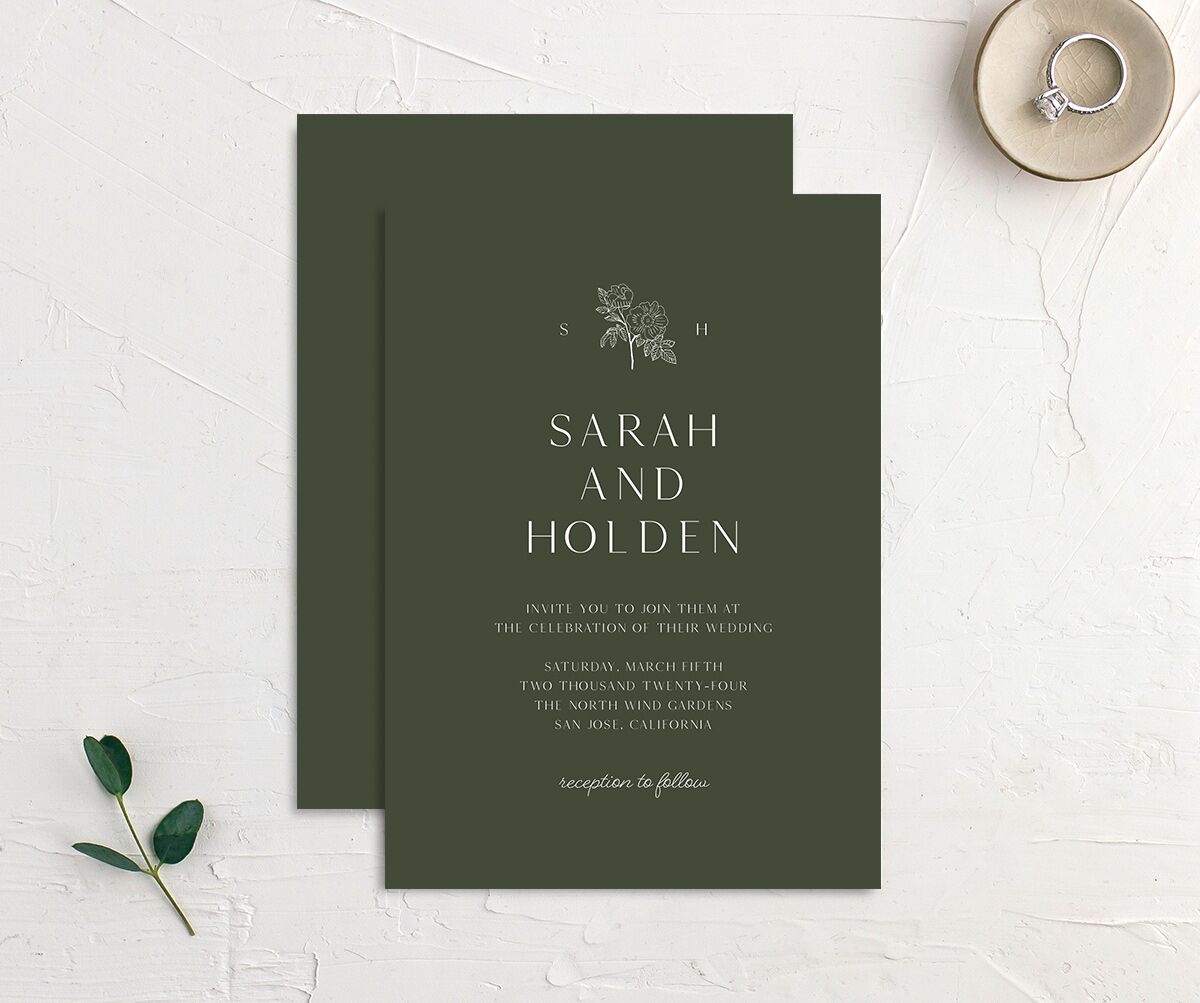 Modern Boho Wedding Invitations front-and-back in Jewel Green