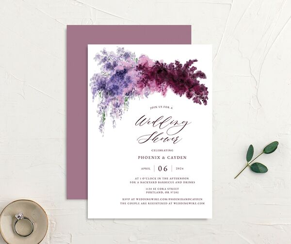 Ethereal Blooms Bridal Shower Invitations front-and-back in Jewel Purple