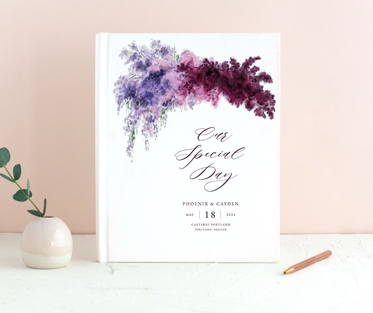 Ethereal Blooms Wedding Guest Book front in Jewel Purple