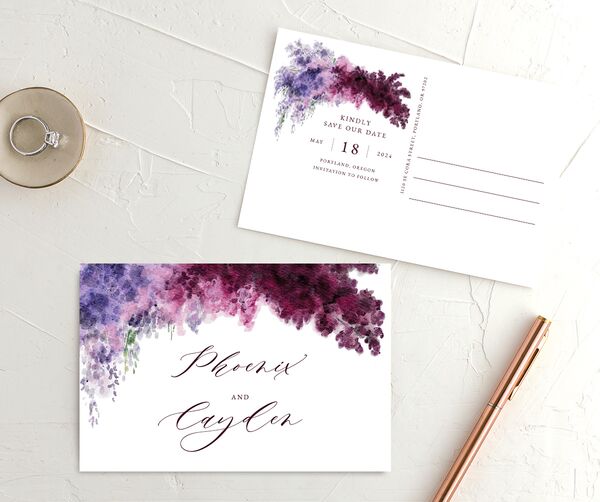 Ethereal Blooms Save the Date Postcards front-and-back in Jewel Purple