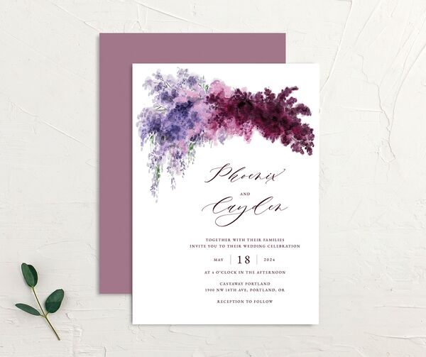 Ethereal Blooms Wedding Invitations front-and-back in Jewel Purple